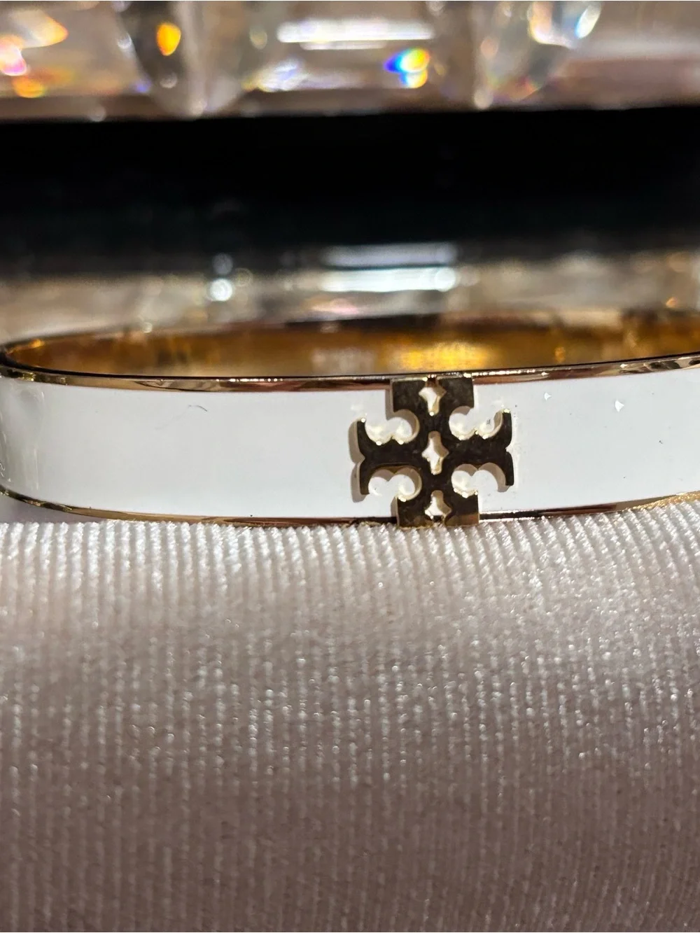 Tory Burch Gold and White Logo Bangle Bracelet